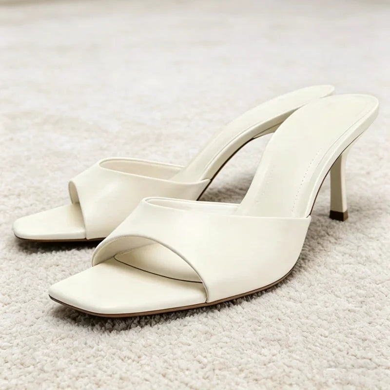 Luxury Wide-Strap Square-Toe Slippers Stiletto Mules Sandals for Ladies High Heel