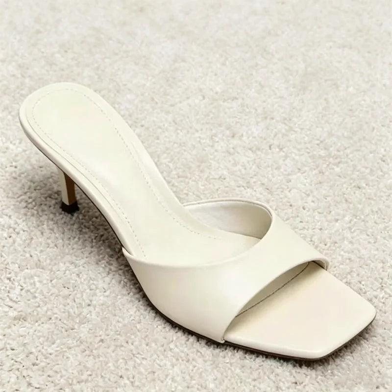 Luxury Wide-Strap Square-Toe Slippers Stiletto Mules Sandals for Ladies High Heel