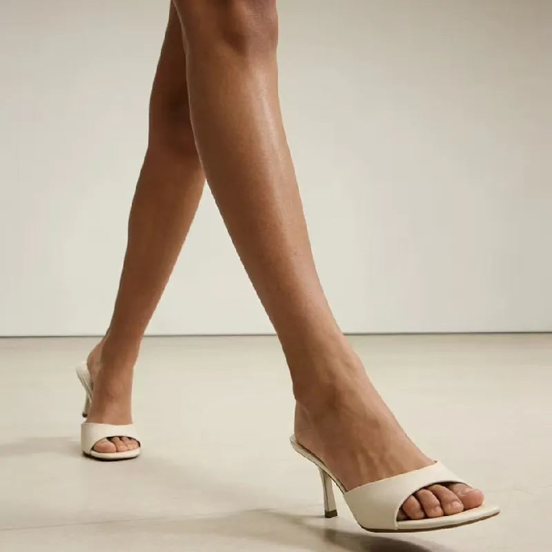 Luxury Wide-Strap Square-Toe Slippers Stiletto Mules Sandals for Ladies High Heel