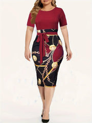 Luxury wrap Color block Chain Print Short Sleeve Round Neck Slight Mini Dress