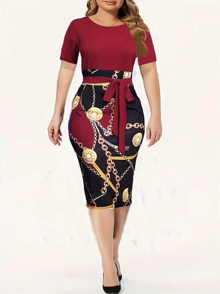 Luxury wrap Color block Chain Print Short Sleeve Round Neck Slight Mini Dress