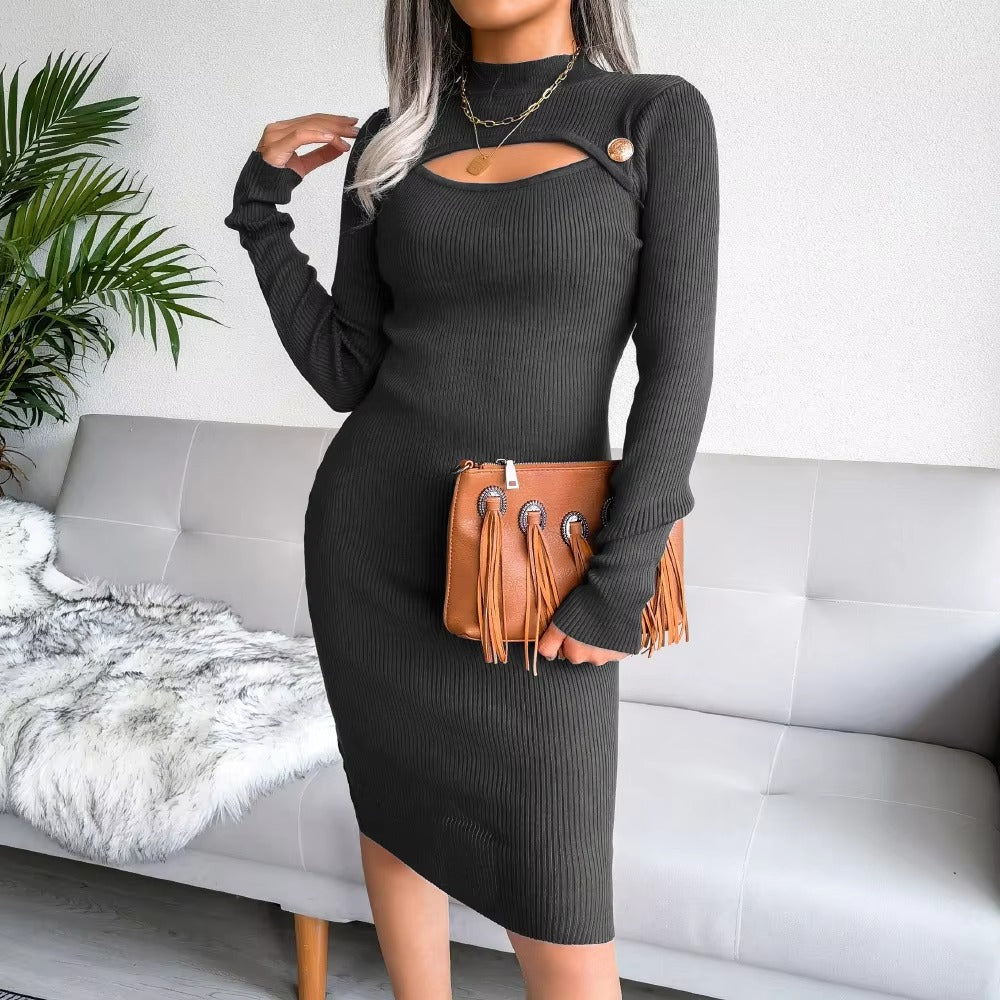 Knitted Pretty Metal Details Acrylic High Collar Sweater Midi Dress