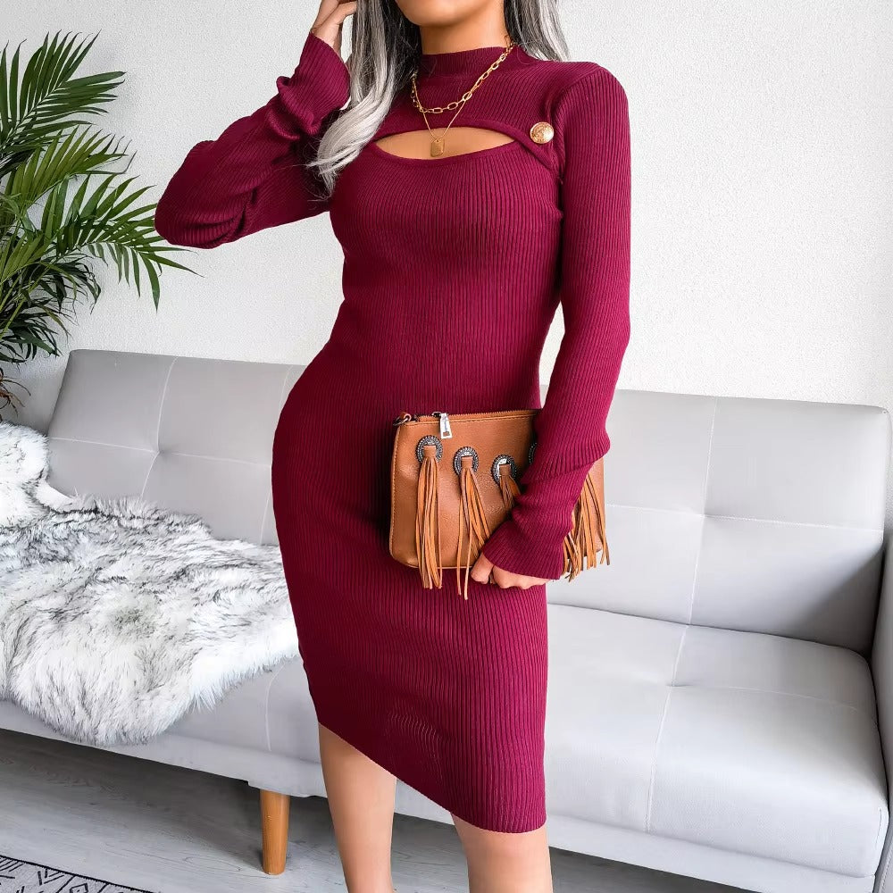 Knitted Pretty Metal Details Acrylic High Collar Sweater Midi Dress