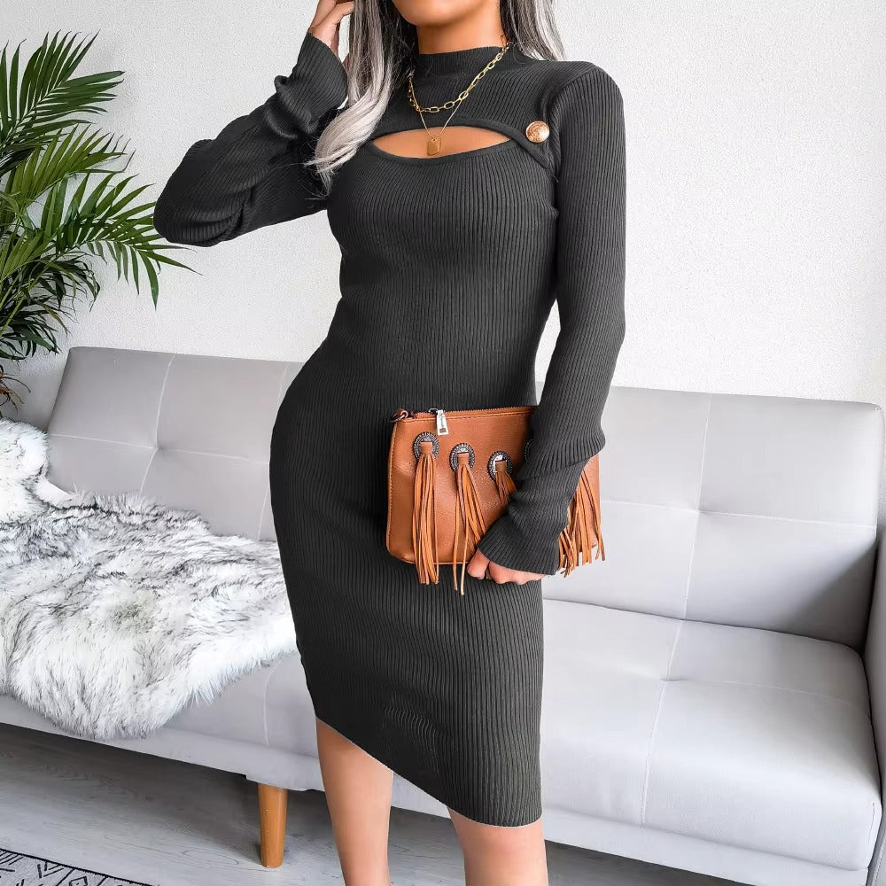 Knitted Pretty Metal Details Acrylic High Collar Sweater Midi Dress