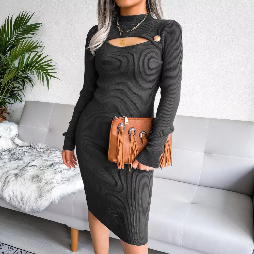 Knitted Pretty Metal Details Acrylic High Collar Sweater Midi Dress