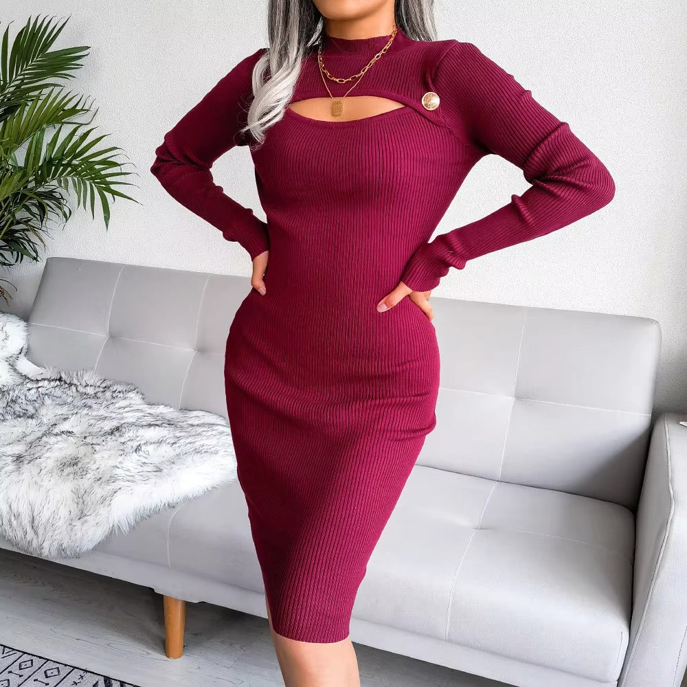 Knitted Pretty Metal Details Acrylic High Collar Sweater Midi Dress