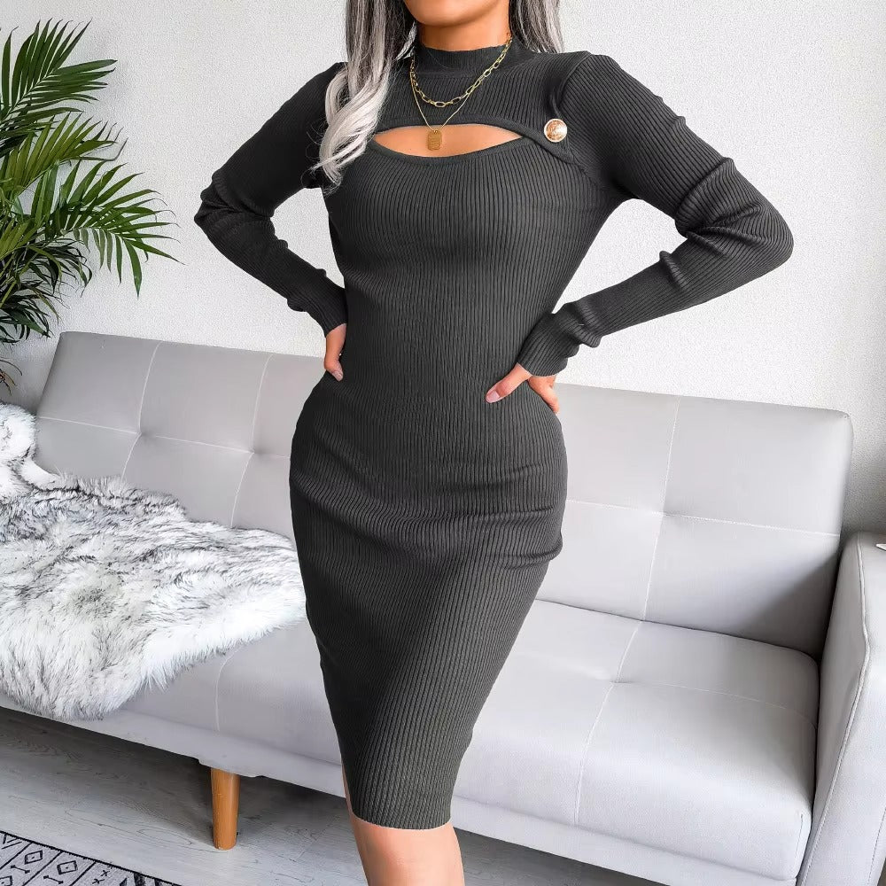 Knitted Pretty Metal Details Acrylic High Collar Sweater Midi Dress