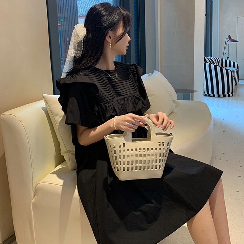 Short Petal Sleeve O-Neck Ruffles Patchwork Pleated Pregnancy Maternity Mini Dress