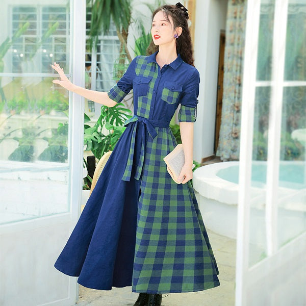 Maxi Cotton Sleeve Belt Single Breasted Plaid Dress