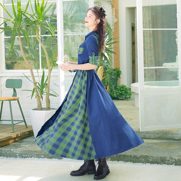 Maxi Cotton Sleeve Belt Single Breasted Plaid Dress