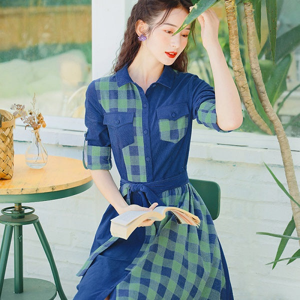 Maxi Cotton Sleeve Belt Single Breasted Plaid Dress