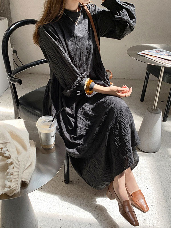 Maxi Dress High Collar Casual Buttons Floor Length Dress