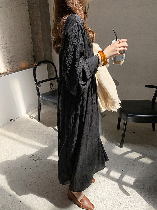 Maxi Dress High Collar Casual Buttons Floor Length Dress