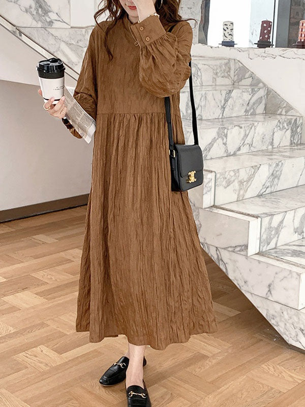 Maxi Dress High Collar Casual Buttons Floor Length Dress
