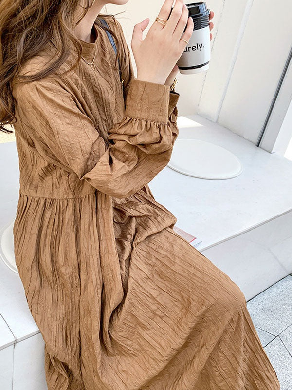 Maxi Dress High Collar Casual Buttons Floor Length Dress