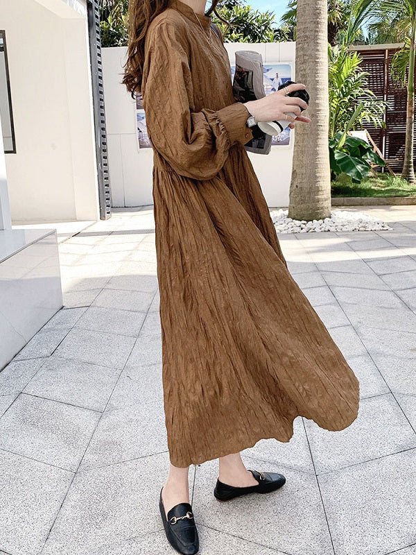 Maxi Dress High Collar Casual Buttons Floor Length Dress