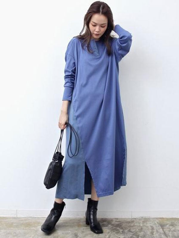 Maxi Dress Jewel Neck Casual Oversized Pleated Long Dress