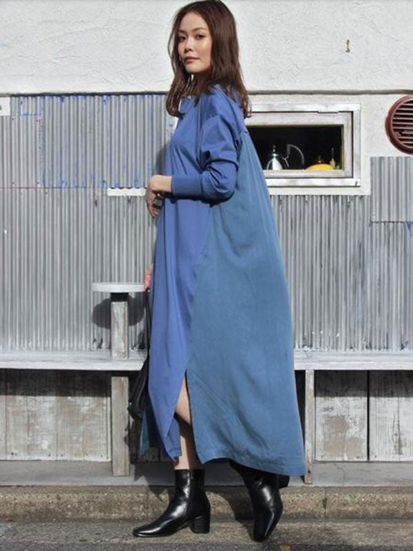 Maxi Dress Jewel Neck Casual Oversized Pleated Long Dress