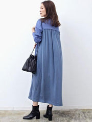 Maxi Dress Jewel Neck Casual Oversized Pleated Long Dress