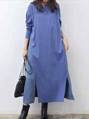 Maxi Dress Jewel Neck Casual Oversized Pleated Long Dress