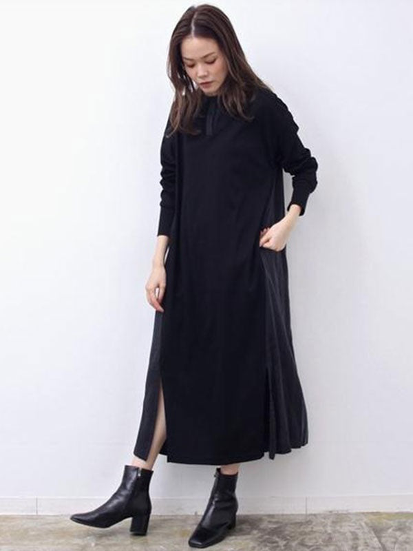 Maxi Dress Jewel Neck Casual Oversized Pleated Long Dress