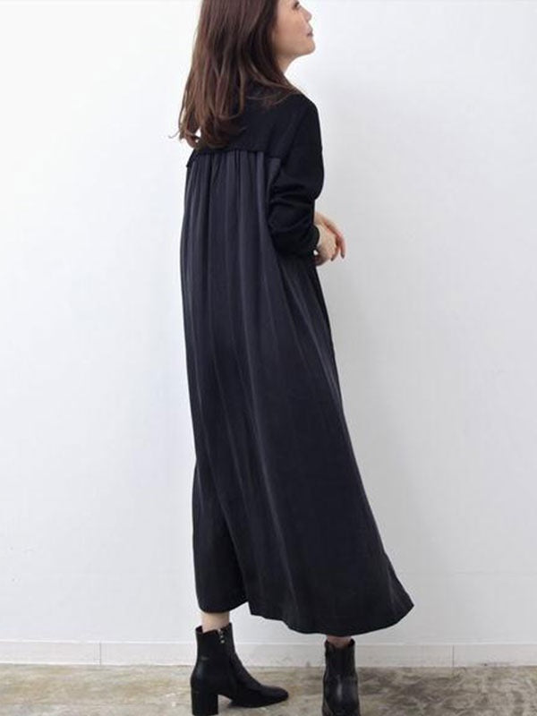 Maxi Dress Jewel Neck Casual Oversized Pleated Long Dress