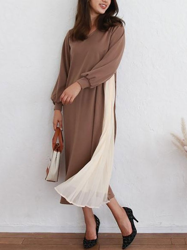 Maxi Dress Jewel Neck Casual Two Tone Convertible Pleated Dress