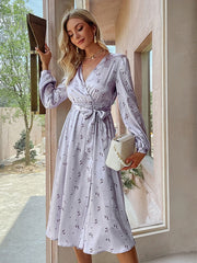 Maxi Dress Long Sleeves Casual Floral Printed Stretch Pleated Dress