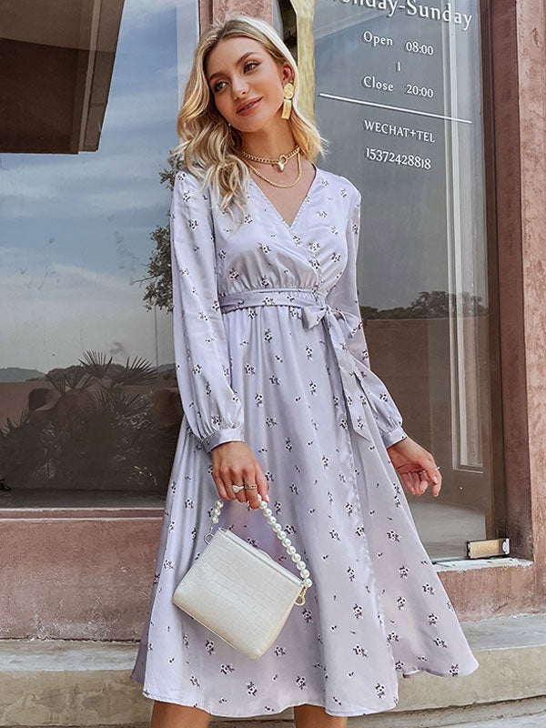 Maxi Dress Long Sleeves Casual Floral Printed Stretch Pleated Dress