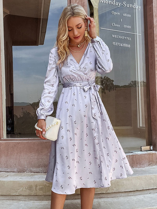Maxi Dress Long Sleeves Casual Floral Printed Stretch Pleated Dress
