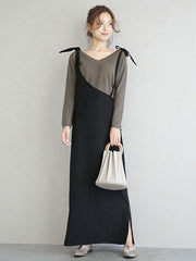 Maxi Dress Straps Neck Casual Lace Up Floor Length Dress