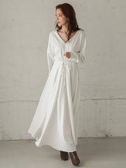 Maxi Dress V-Neck Cotton Retro Pleated Floor Length Dress