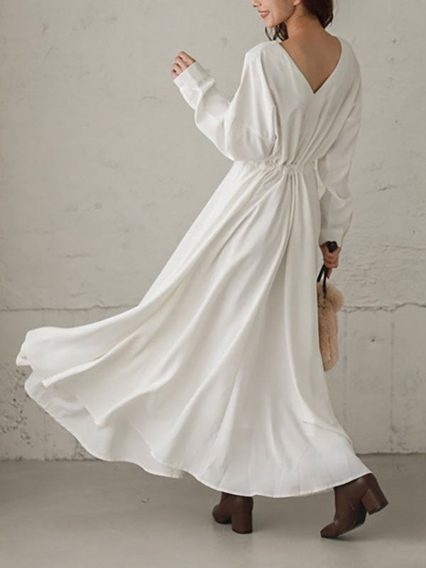 Maxi Dress V-Neck Cotton Retro Pleated Floor Length Dress