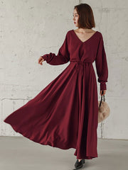 Maxi Dress V-Neck Cotton Retro Pleated Floor Length Dress