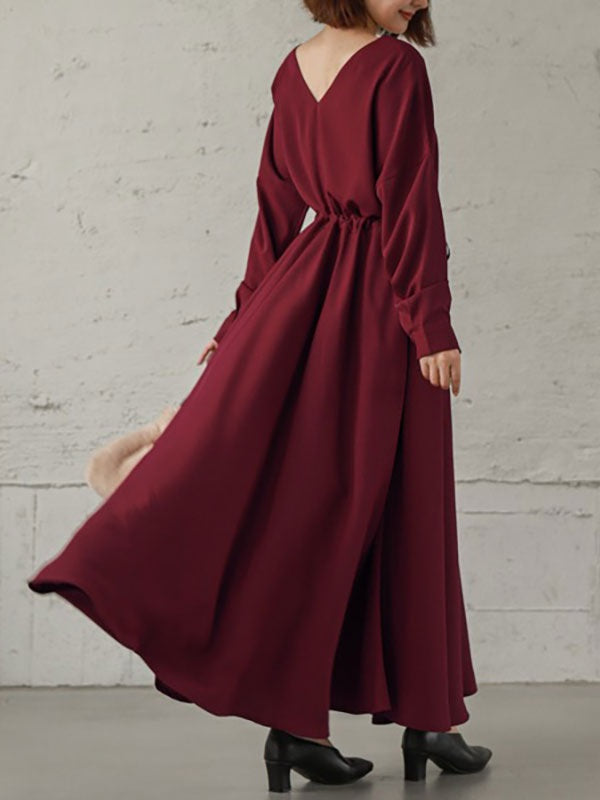Maxi Dress V-Neck Cotton Retro Pleated Floor Length Dress