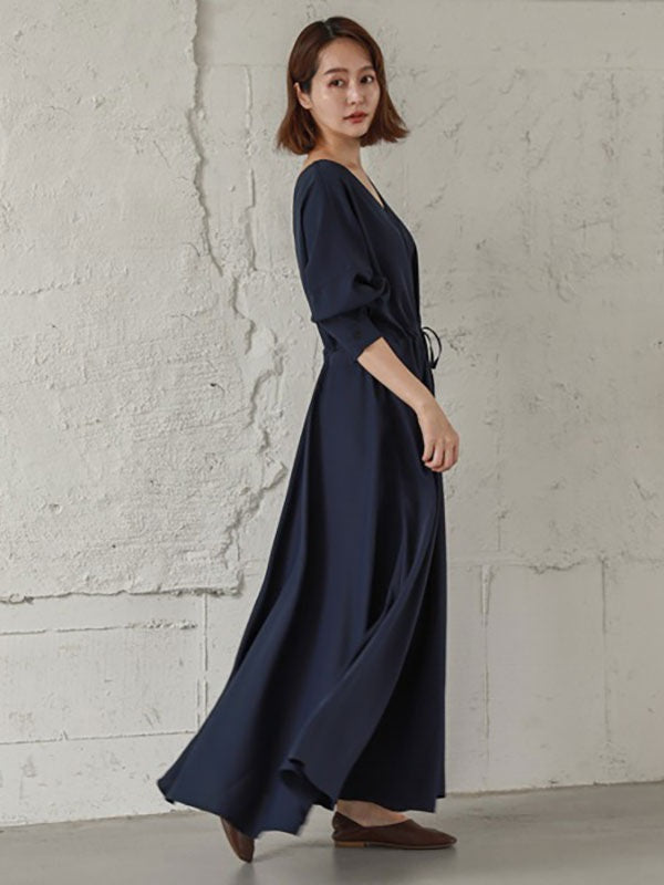 Maxi Dress V-Neck Cotton Retro Pleated Floor Length Dress