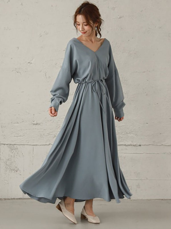 Maxi Dress V-Neck Cotton Retro Pleated Floor Length Dress