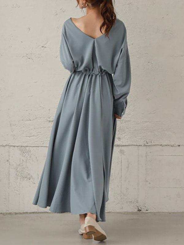 Maxi Dress V-Neck Cotton Retro Pleated Floor Length Dress