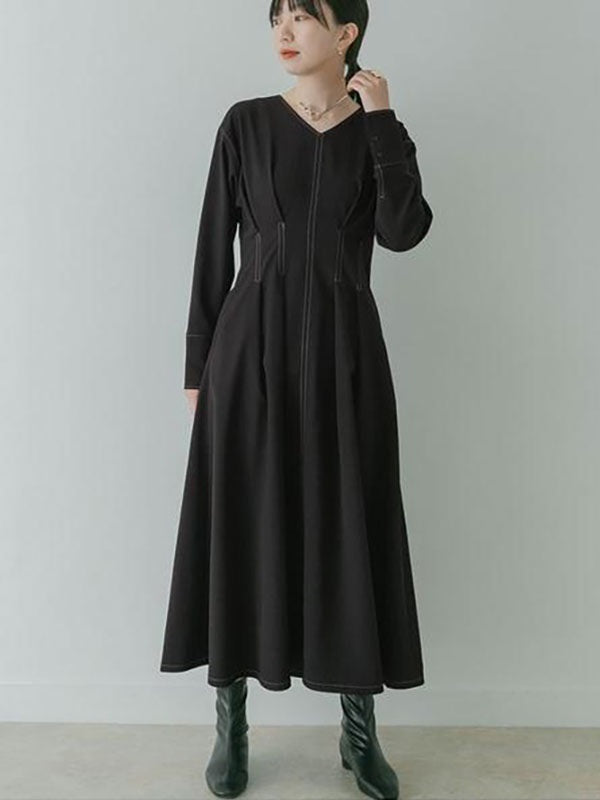 Maxi Dress V-Neck Long Sleeves Cotton Casual Pleated Dress
