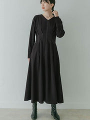 Maxi Dress V-Neck Long Sleeves Cotton Casual Pleated Dress
