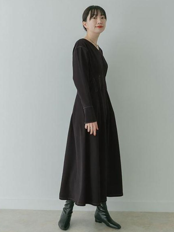 Maxi Dress V-Neck Long Sleeves Cotton Casual Pleated Dress