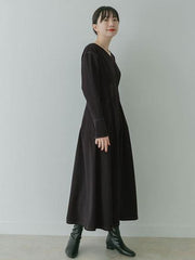 Maxi Dress V-Neck Long Sleeves Cotton Casual Pleated Dress