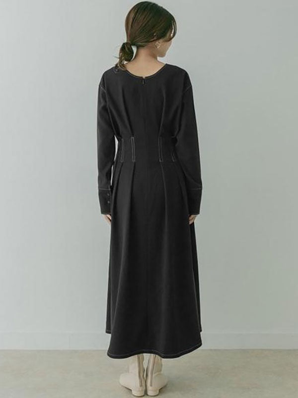 Maxi Dress V-Neck Long Sleeves Cotton Casual Pleated Dress