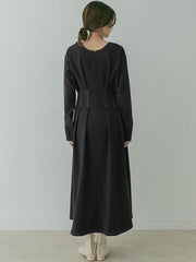 Maxi Dress V-Neck Long Sleeves Cotton Casual Pleated Dress