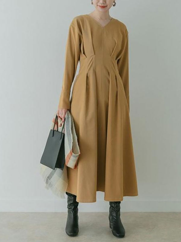 Maxi Dress V-Neck Long Sleeves Cotton Casual Pleated Dress