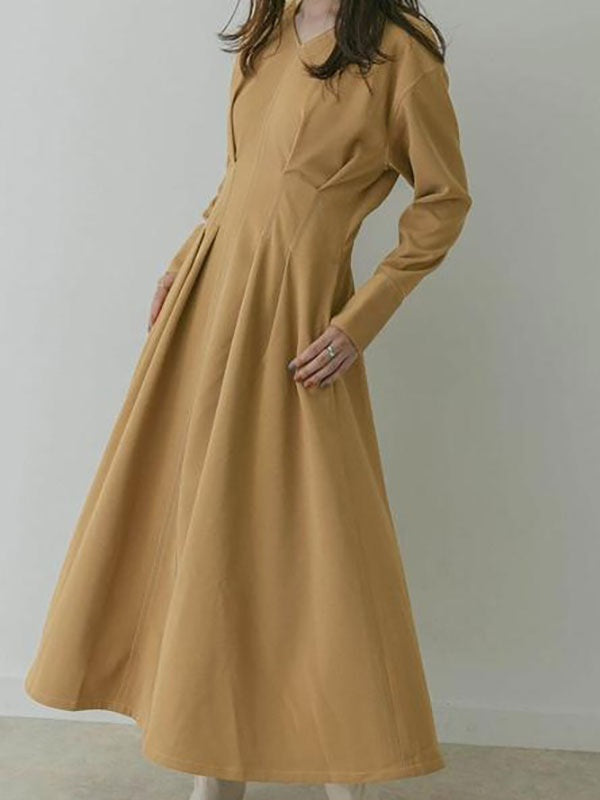 Maxi Dress V-Neck Long Sleeves Cotton Casual Pleated Dress