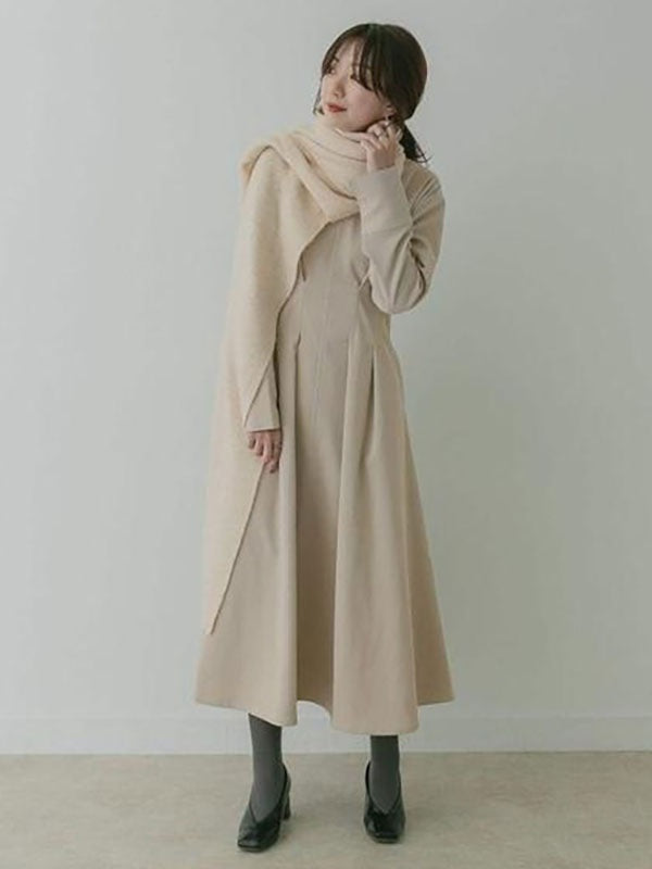 Maxi Dress V-Neck Long Sleeves Cotton Casual Pleated Dress