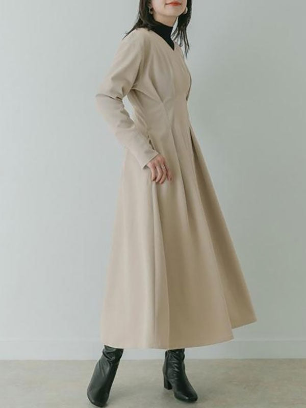 Maxi Dress V-Neck Long Sleeves Cotton Casual Pleated Dress
