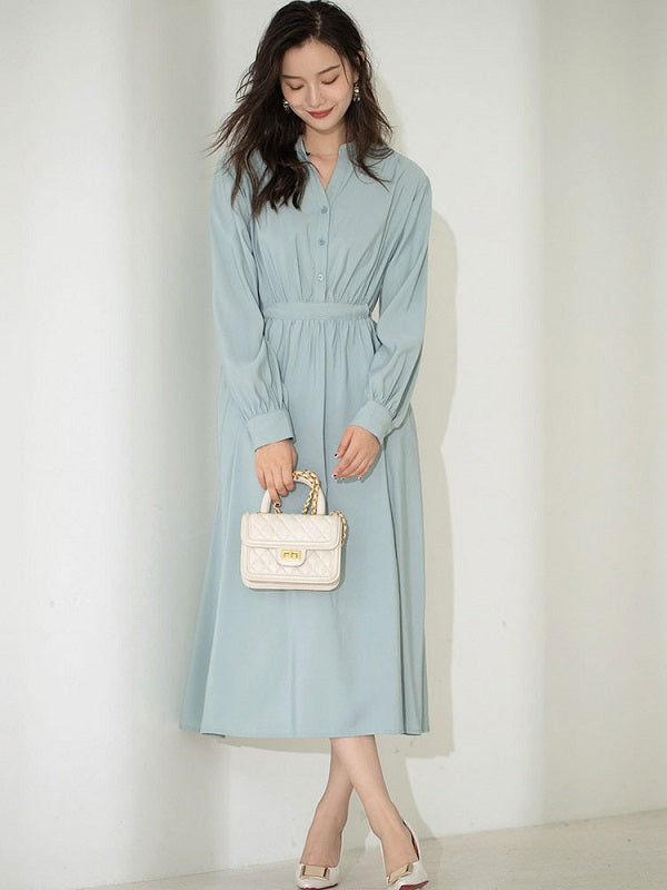 Maxi Dress V-Neck Polyester Casual Buttons Floor Length Dress