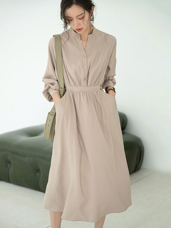 Maxi Dress V-Neck Polyester Casual Buttons Floor Length Dress